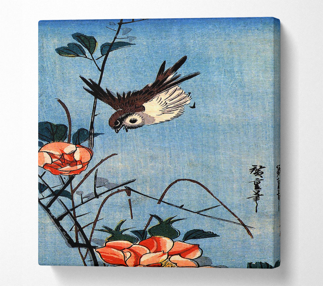  A Canvas Print of Hiroshige Sparrows And Wild Rose Canvas Wall Art