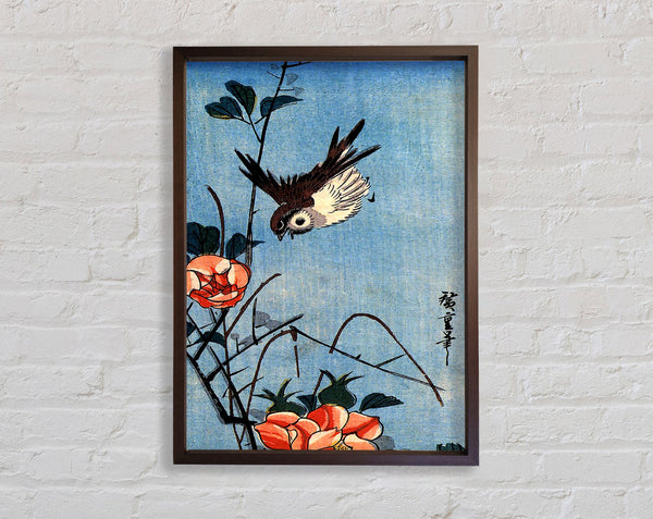 Hiroshige Sparrows And Wild Rose Framed Print