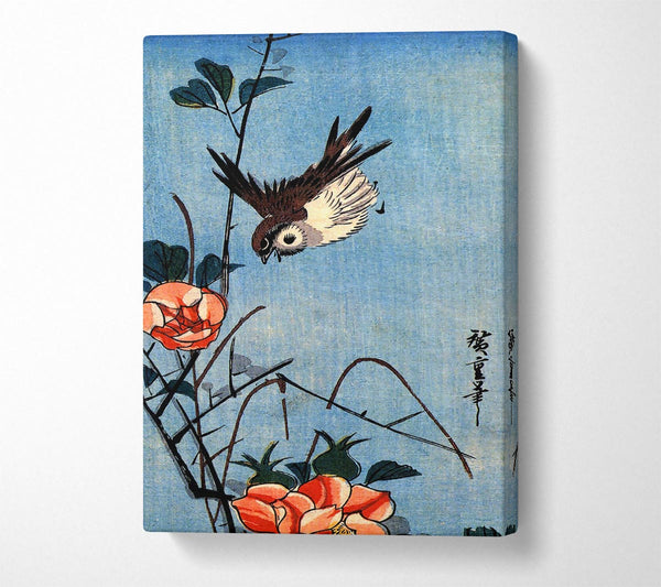  A Canvas Print of Hiroshige Sparrows And Wild Rose Canvas Wall Art