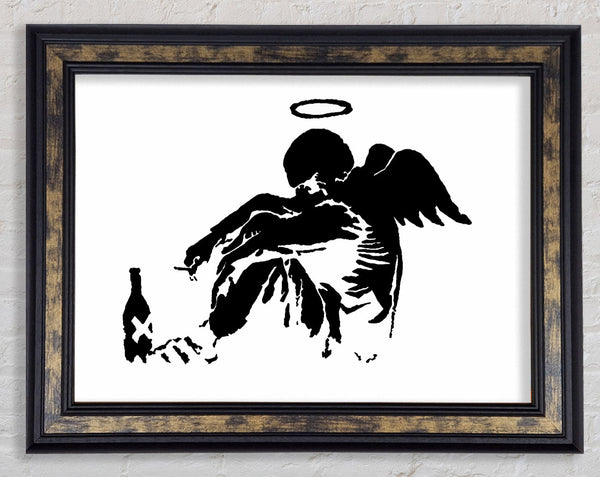 Banksy Fallen Angel Black White Framed Print