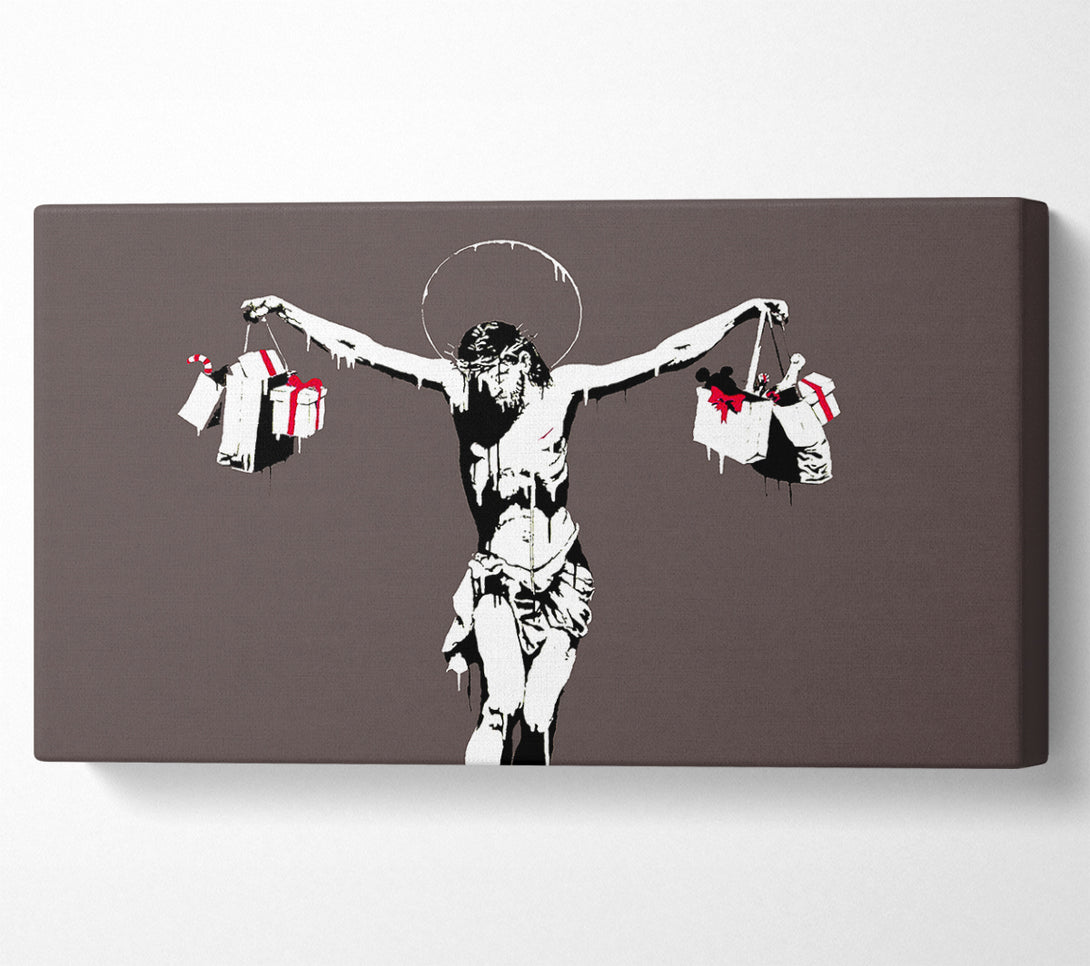  A Canvas Print of Banksy Thank Christ For Shopping (Landscape) Grey Canvas Art
