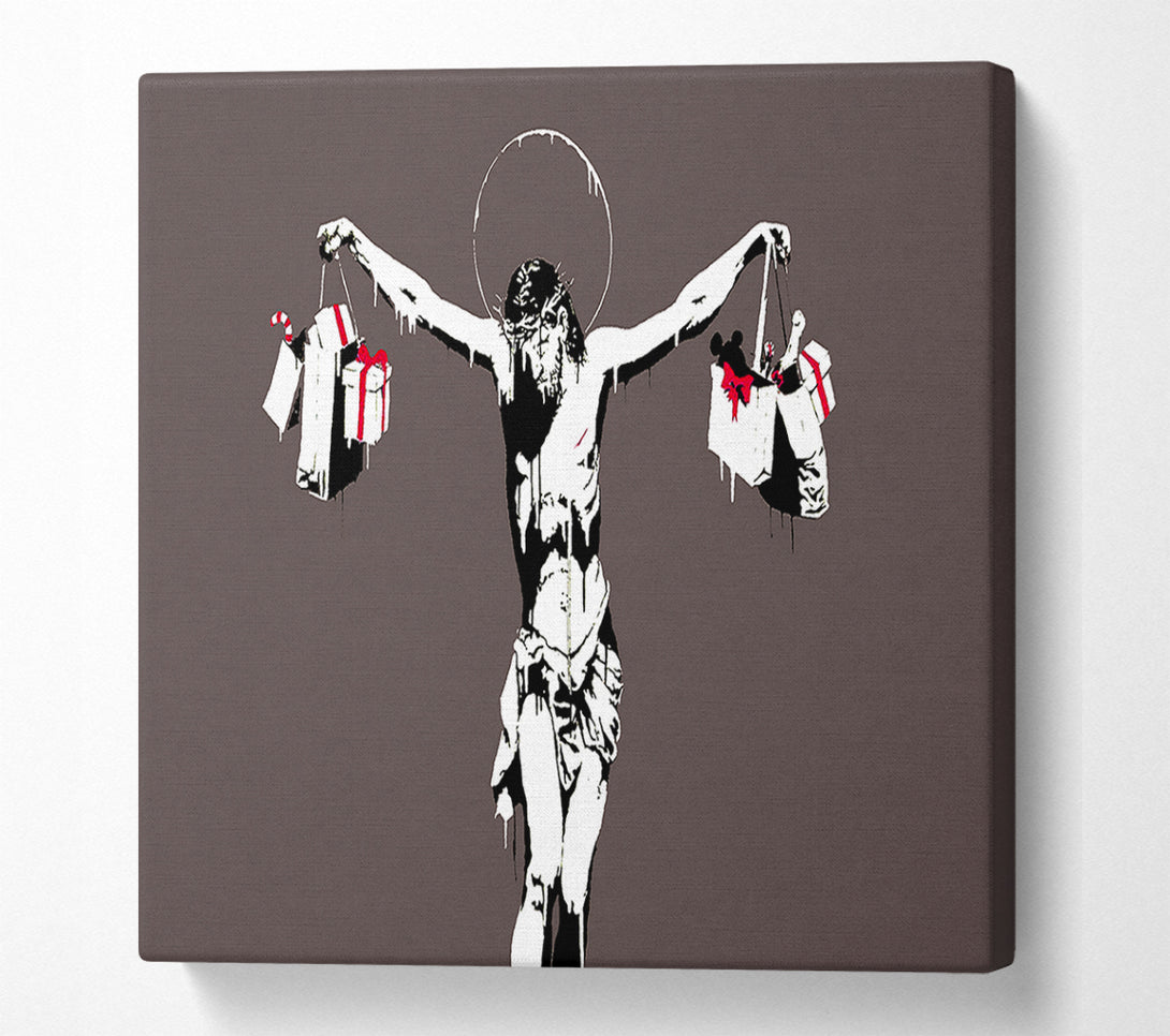  A Canvas Print of Banksy Thank Christ For Shopping (Landscape) Grey Canvas Art