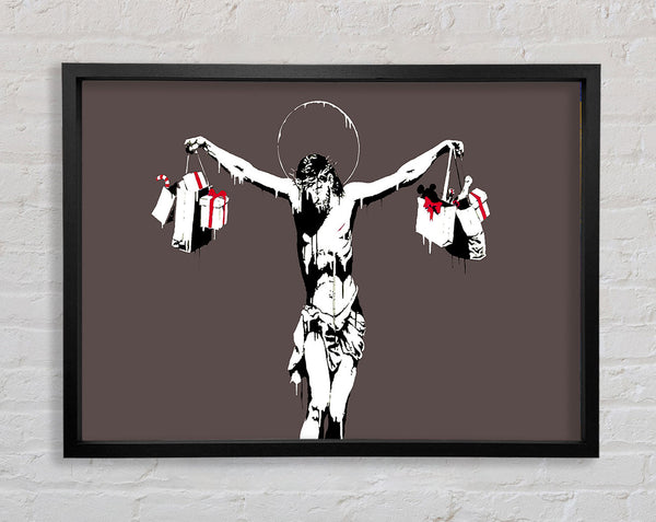 Banksy Thank Christ For Shopping (Landscape) Grey Framed Print