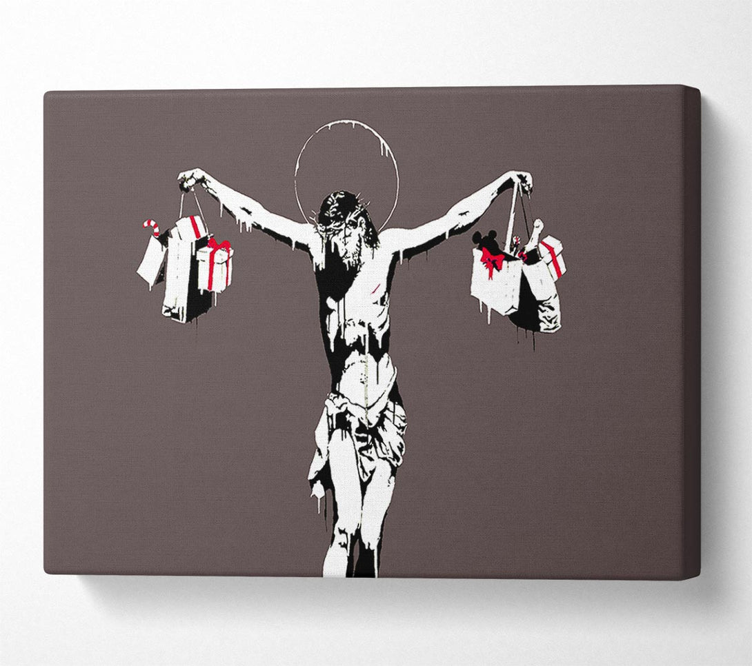  A Canvas Print of Banksy Thank Christ For Shopping (Landscape) Grey Canvas Art