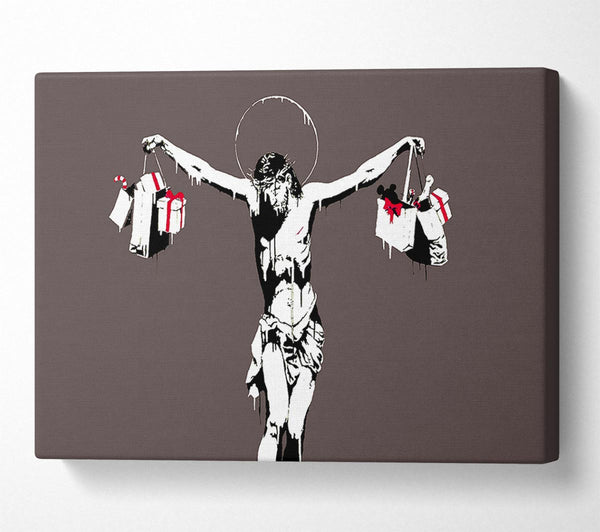  A Canvas Print of Banksy Thank Christ For Shopping (Landscape) Grey Canvas Art