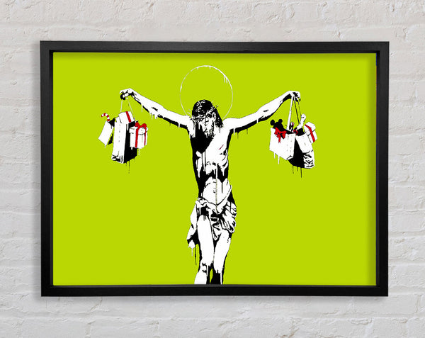 Banksy Thank Christ For Shopping Lime Framed Print