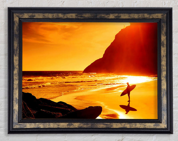 Surfer At Dawn Orange Framed Print