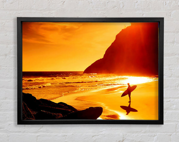 Surfer At Dawn Orange Framed Print