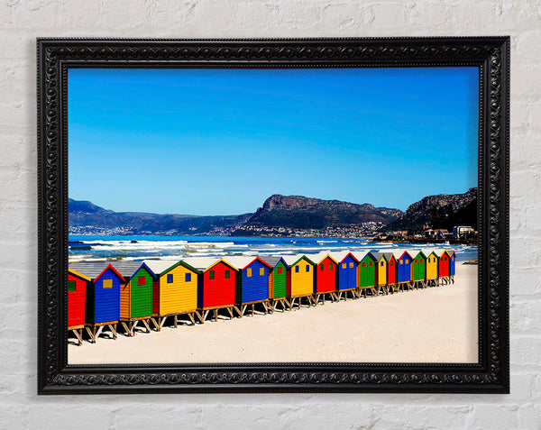 Colourful Beach Hut Line-Up Framed Print