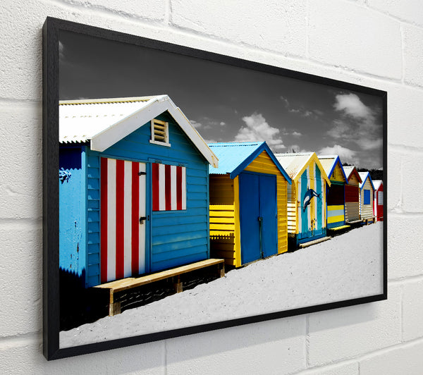 Colourful Beach Huts On B n W