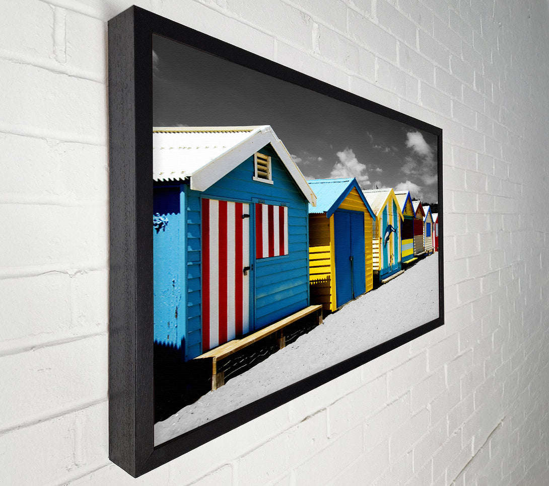  A Canvas Print of Colourful Beach Huts On B n W Canvas Art