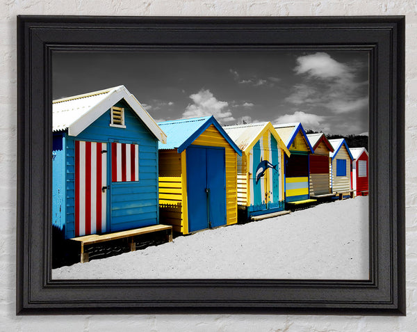 Colourful Beach Huts On B n W Framed Print