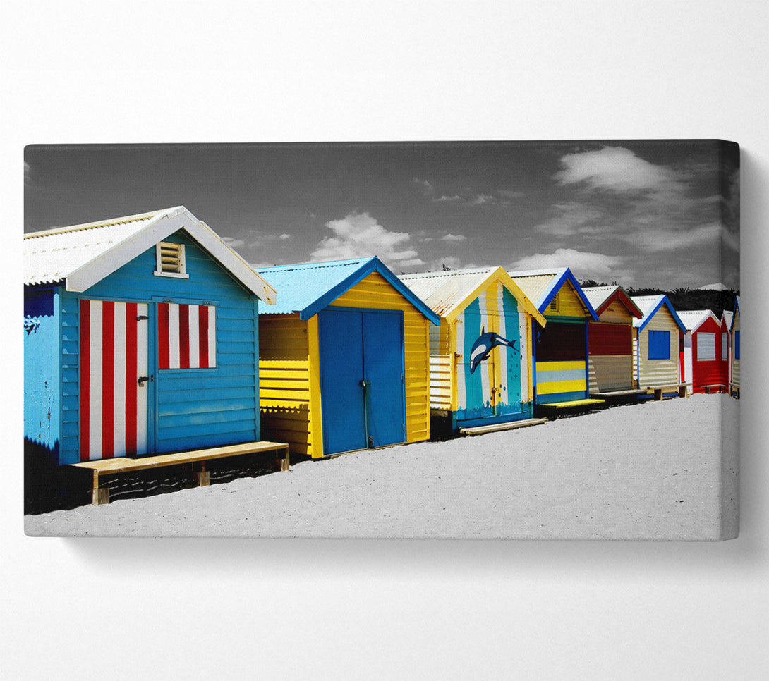  A Canvas Print of Colourful Beach Huts On B n W Canvas Art