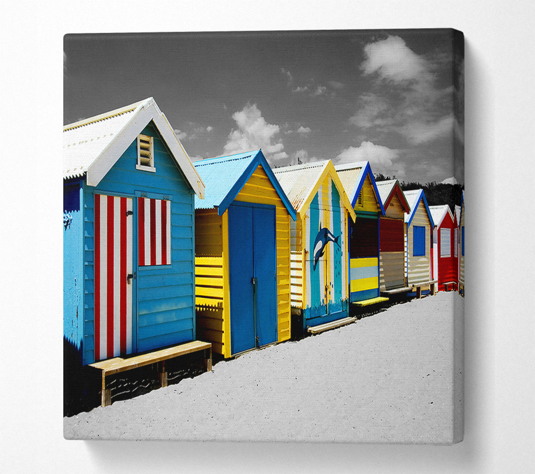  A Canvas Print of Colourful Beach Huts On B n W Canvas Art