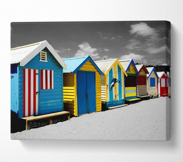 A Canvas Print of Colourful Beach Huts On B n W Canvas Art