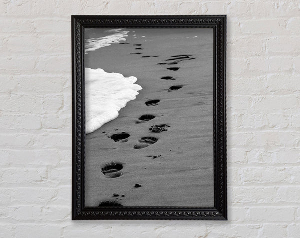 Footprints In The Ocean Sand B n W- Framed Print