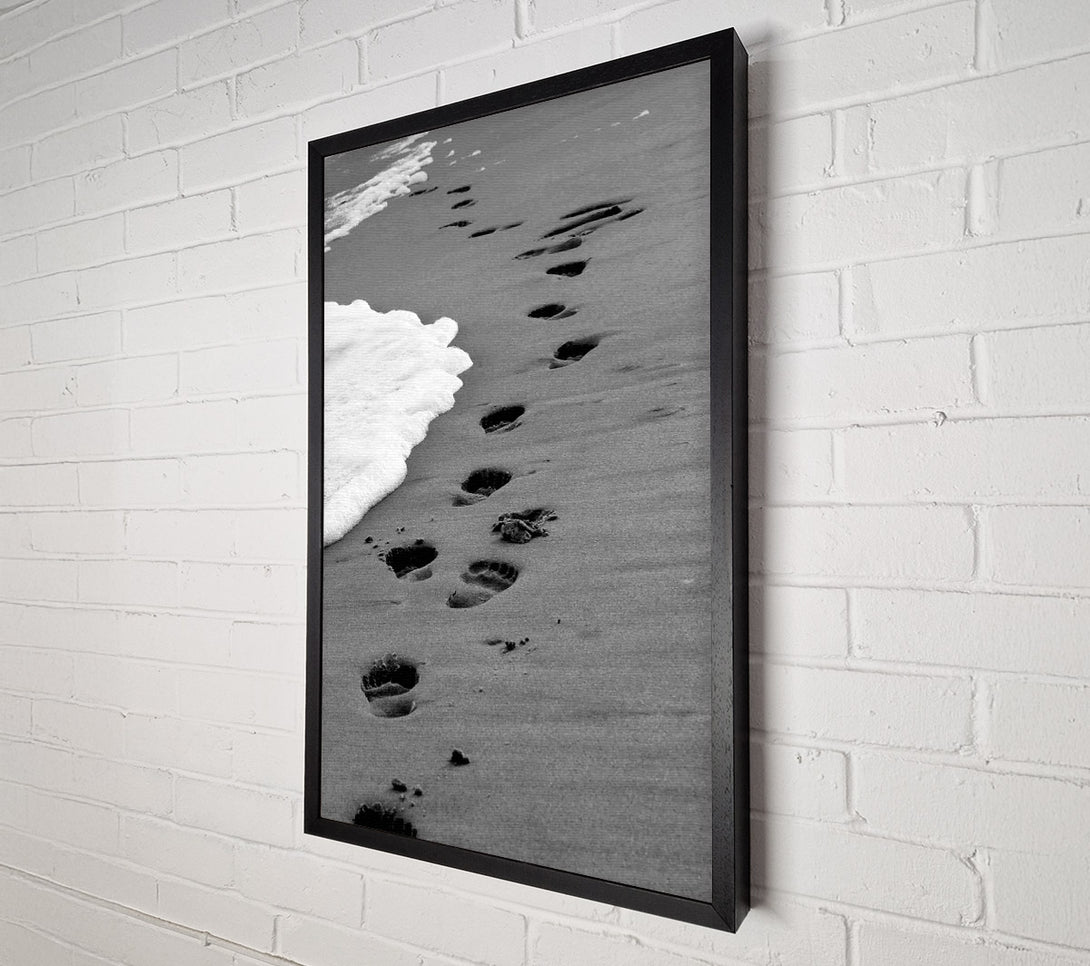  A Canvas Print of Footprints In The Ocean Sand B n W- Canvas Art
