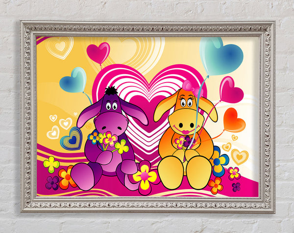 Donkeys And Hearts Celebration White Framed Print
