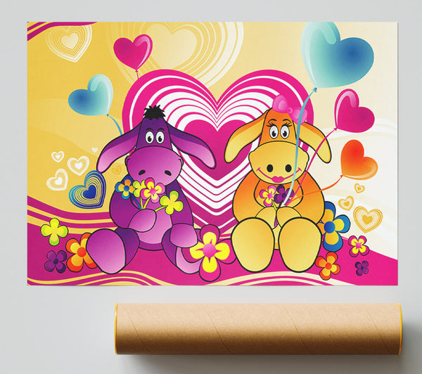 Donkeys And Hearts Celebration White Giclee Print