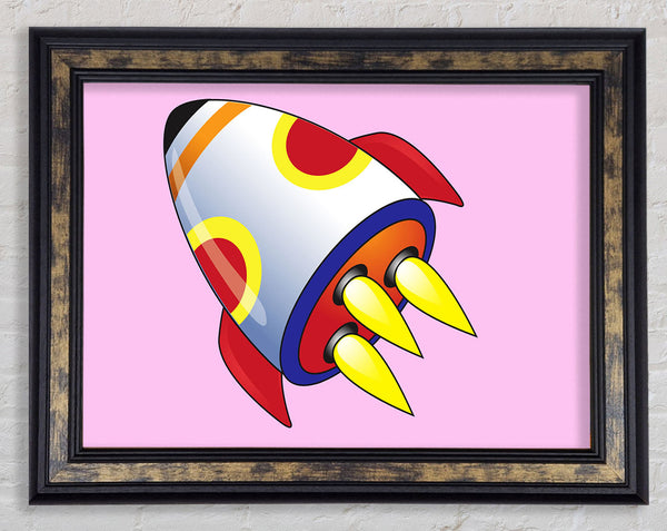 Flying Rocket Ship Pink Framed Print