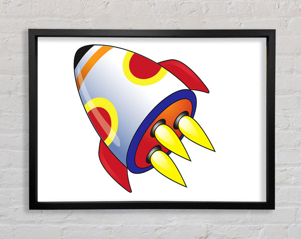 Flying Rocket Ship White Framed Print