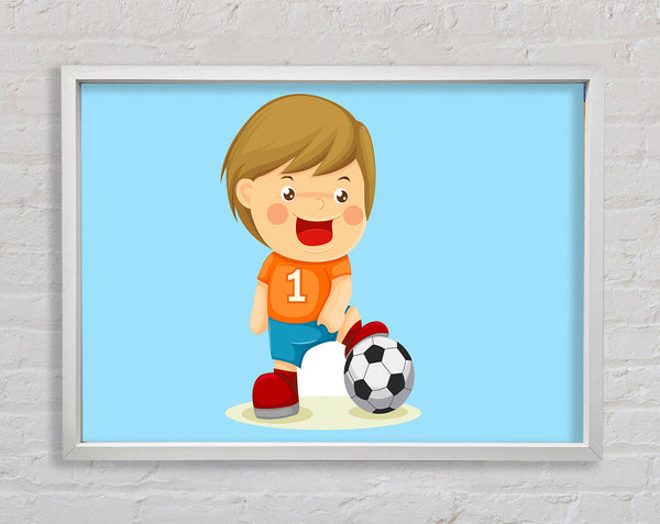 Footballer Standing On Ball Baby Blue Framed Print