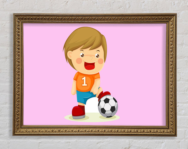 Footballer Standing On Ball Pink Framed Print