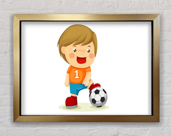 Footballer Standing On Ball White Framed Print