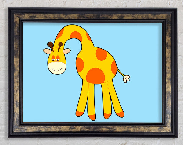 Funny Giraffe Looking Down Baby Blue Framed Print