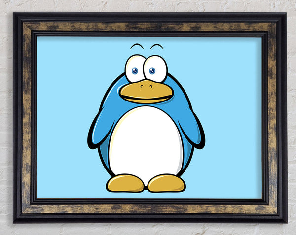 Funny Penquin Standing Baby Blue Framed Print
