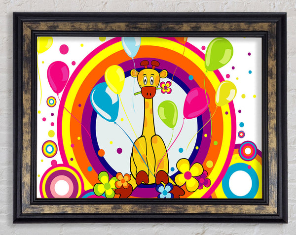 Giraffe Balloon Circles White Framed Print