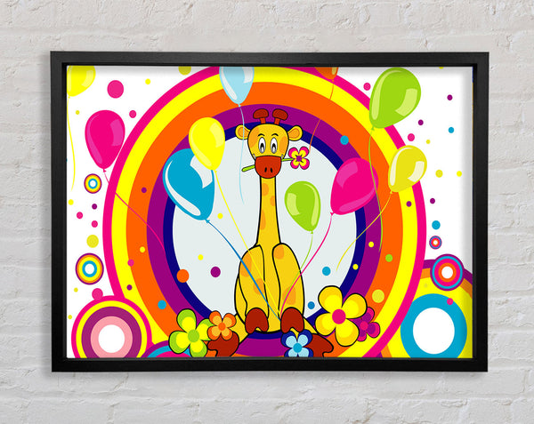 Giraffe Balloon Circles White Framed Print