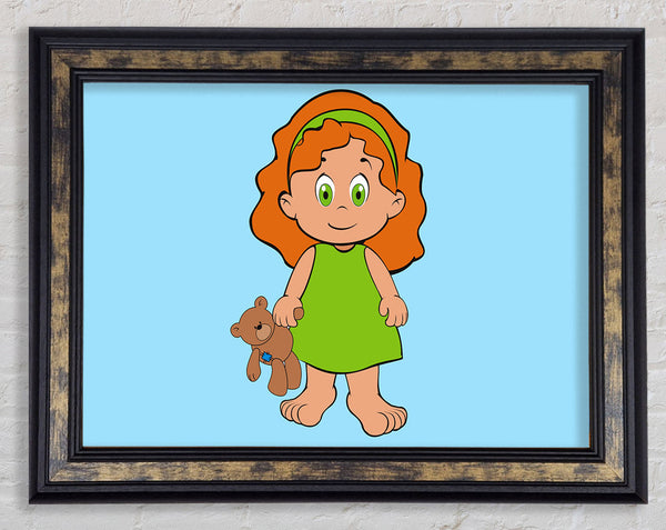 Girl With Teddy Bear Baby Blue Framed Print