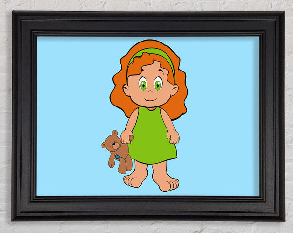 Girl With Teddy Bear Baby Blue Framed Print
