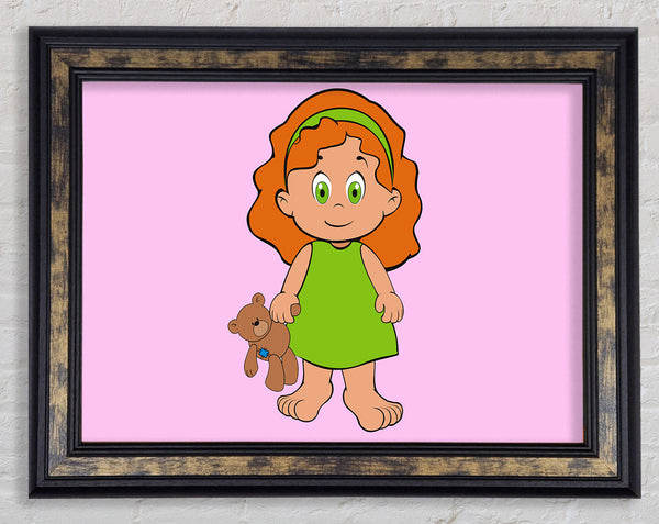 Girl With Teddy Bear Pink Framed Print