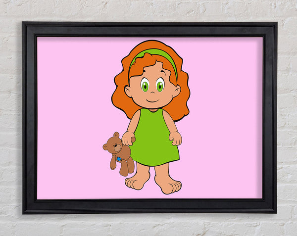 Girl With Teddy Bear Pink Framed Print