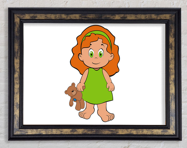 Girl With Teddy Bear White Framed Print