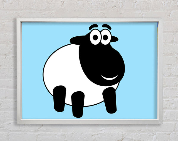 Happy Cartoon Sheep Baby Blue Framed Print