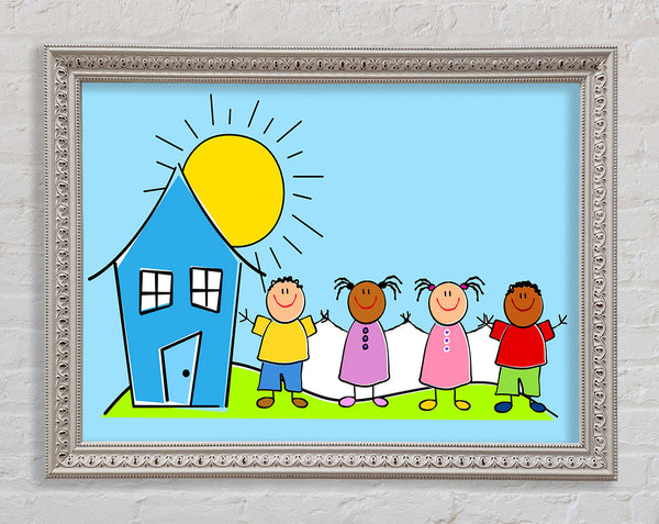 Happy Children In The Sun Baby Blue Framed Print