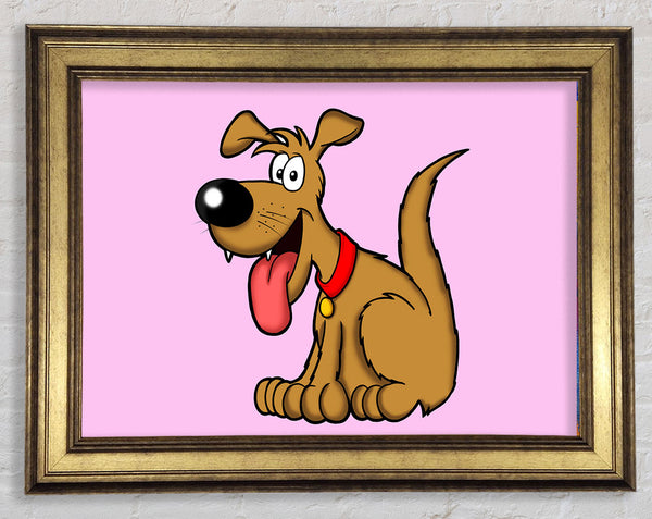 Happy Dog Cartoon With Tongue Out Pink Framed Print