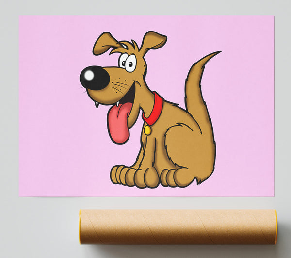 Happy Dog Cartoon With Tongue Out Pink Print