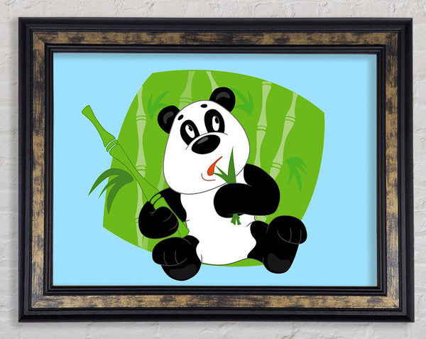 Panda Eating Bamboo Baby Blue Framed Print