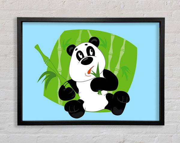 Panda Eating Bamboo Baby Blue Framed Print