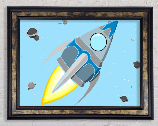 Rocket Ship Baby Blue Framed Print
