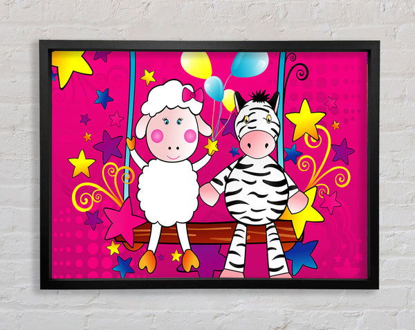 Sheep And Zebra On Swing Celebration White Framed Print