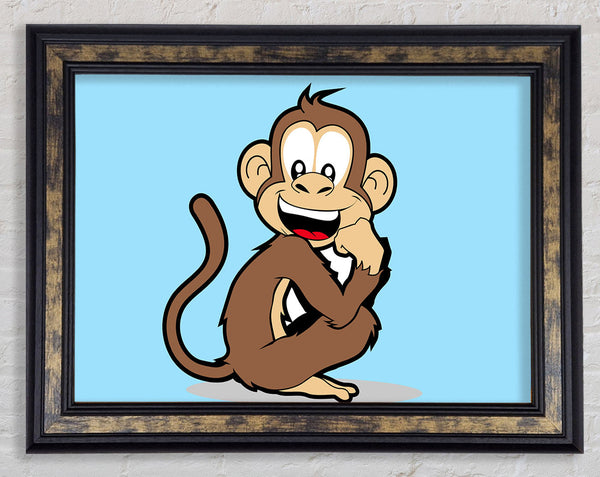 Sitting Monkey Smiling Baby Blue Framed Print