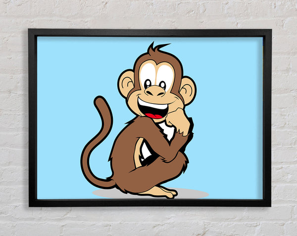 Sitting Monkey Smiling Baby Blue Framed Print