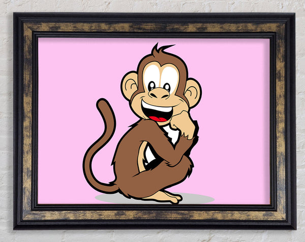 Sitting Monkey Smiling Pink Framed Print