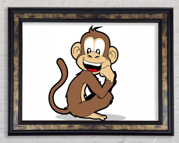 Sitting Monkey Smiling White Framed Print
