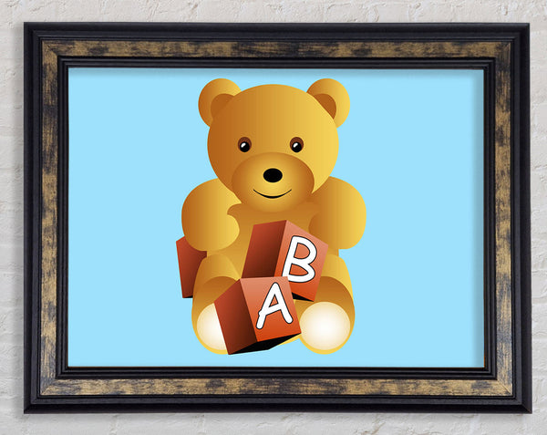 Teddy Bear Alphabet Blocks Baby Blue Framed Print